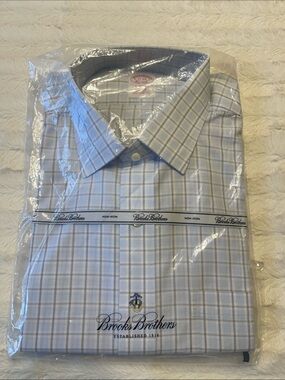 Brooks Brothers Men’s Blue and White Windowpane Dress Shirt, new with tags.